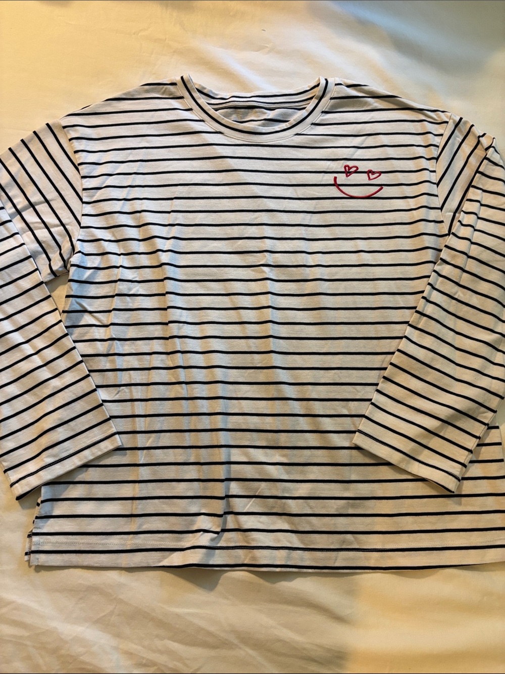 a new day White and Black Striped Long-Sleeve Shirt with Red Heart Smile
